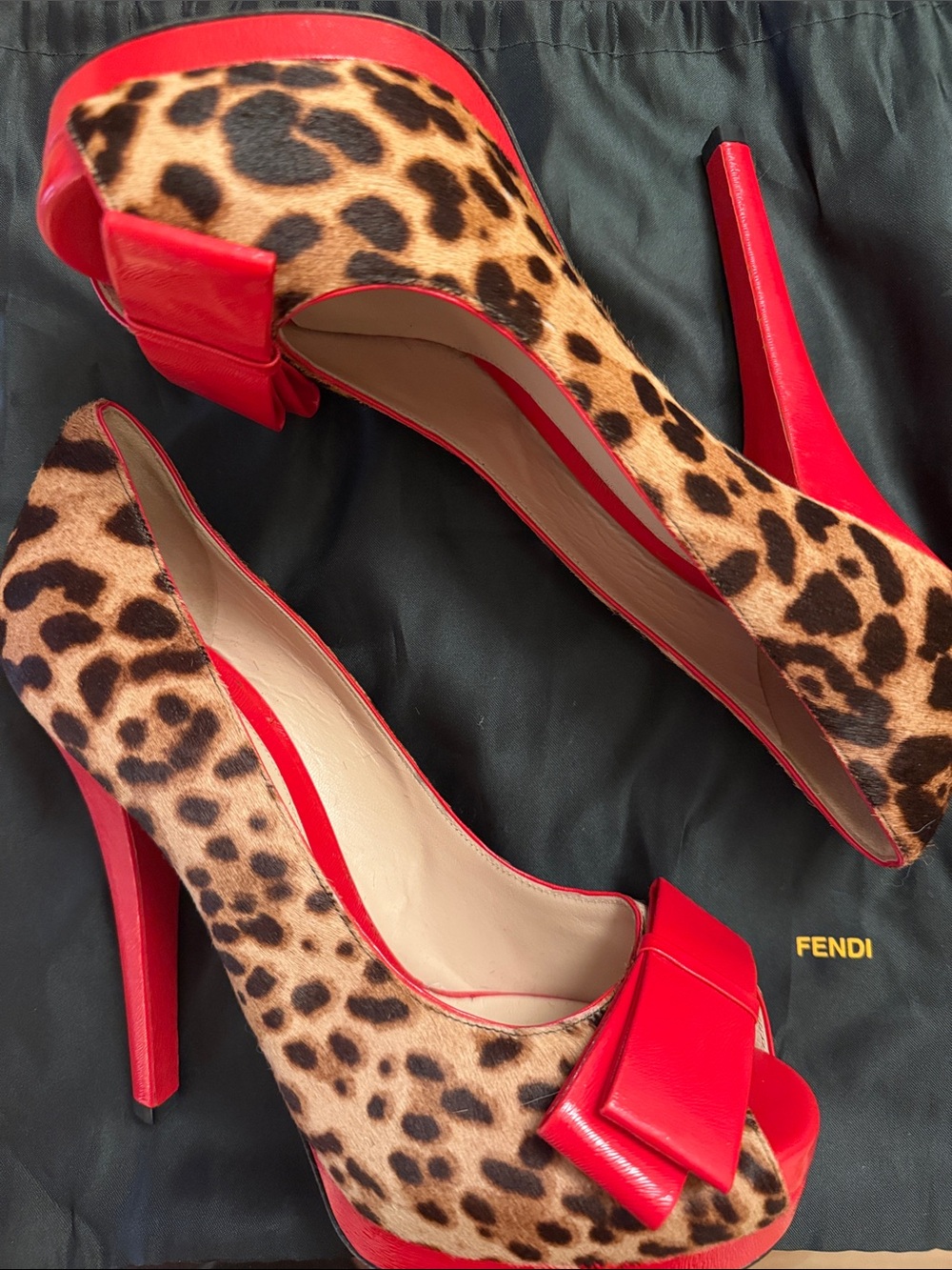 Fendi Leopard Print Peep-Toe Heels with Red Trim